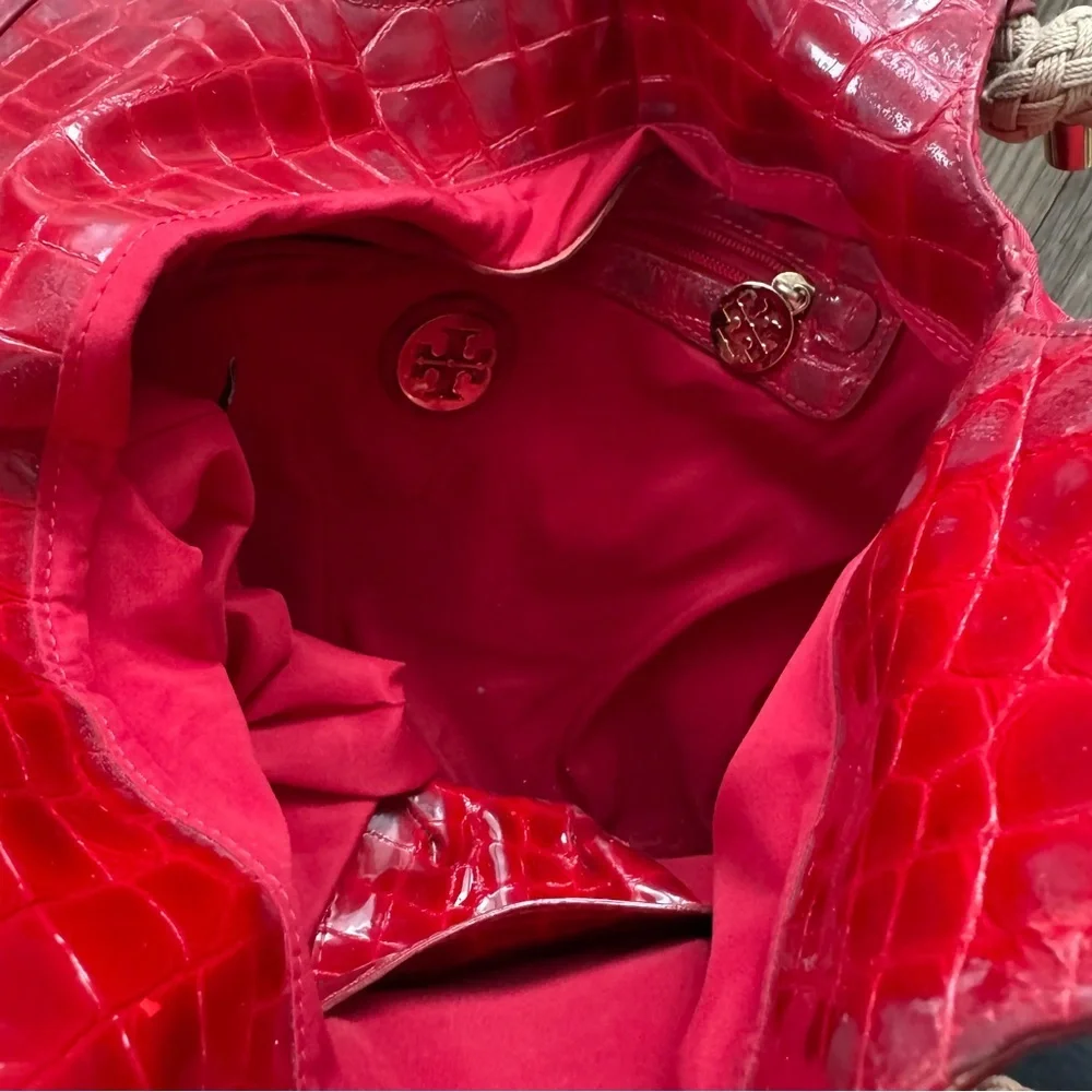 Tory Burch Red Nylon Croc Embossed Rope Handle Shoulder Hobo Bag